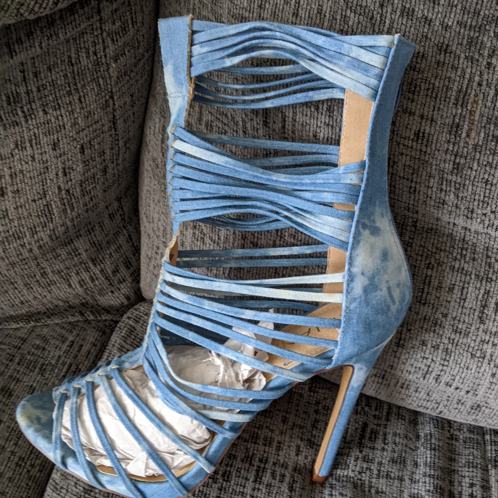 Washed Denim Stiletto Gladiator Sandals